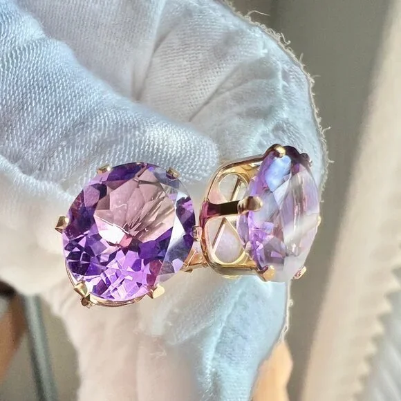 14K Yellow Gold Purple Amethyst Earrings, February Birthstone Earrings